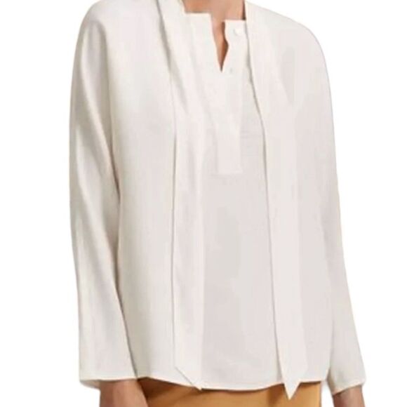 Club Monaco Tie Neck Blanc De Blanc White Chemise Small Petite Long Sleeve Top - Picture 1 of 12